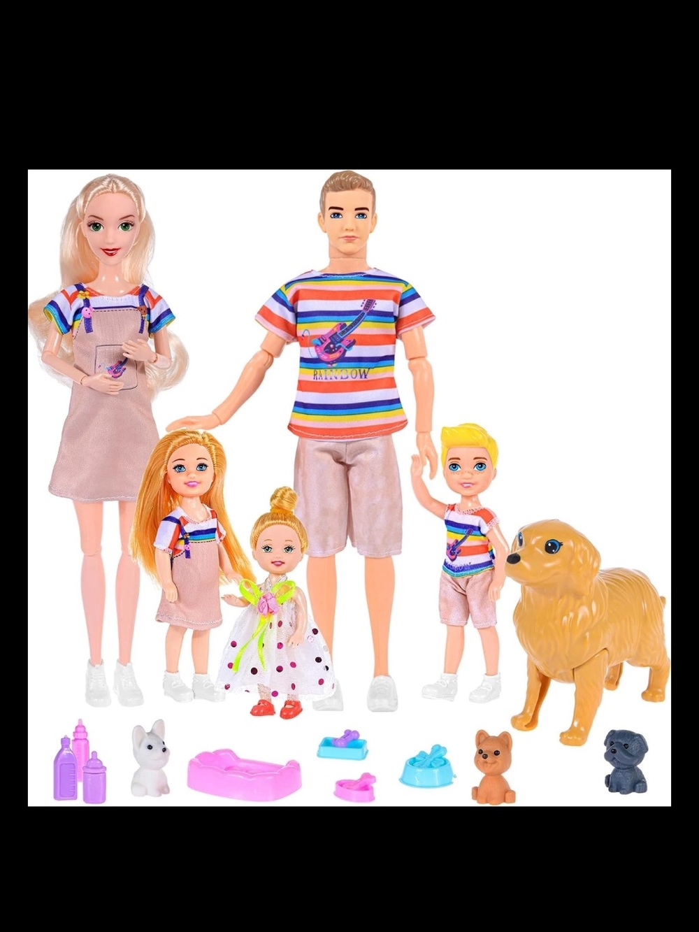 iBayda Family Dollhouse Dolls Playset - 6 People with Dollhouse Pets Included P